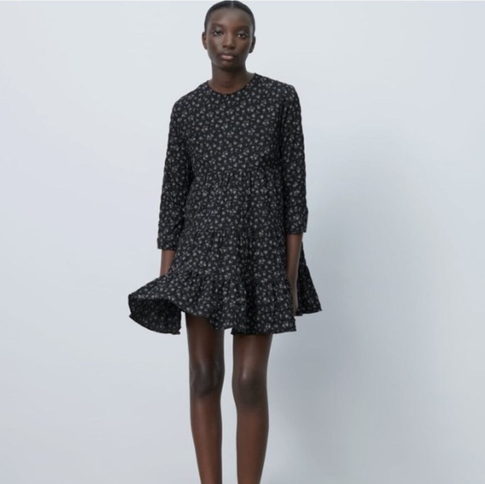 Zara Black Floral Tiered Mini Dress Small Cottagecore 3/4 Sleeve